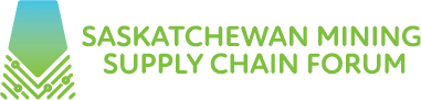 Logo for the Saskatchewan Mining Supply Chain Forum, featuring a green and blue geometric icon next to the forum name in green text.