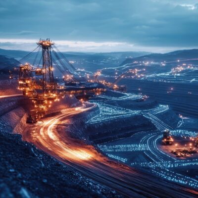 A large open-pit mine at dusk with glowing lights illuminating machinery, roads, and terraced layers. Distant vehicles and equipment are visible, set against a cloudy, mountainous backdrop.
