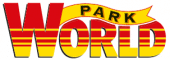 Logo for "Park World" with bold, striped red and yellow "WORLD" text. The word "PARK" appears in yellow inside a red-bordered banner above the "O" in "WORLD.