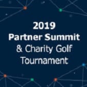 White text on a dark blue background reads "2019 Partner Summit & Charity Golf Tournament" with a pattern of intersecting lines and colored dots.