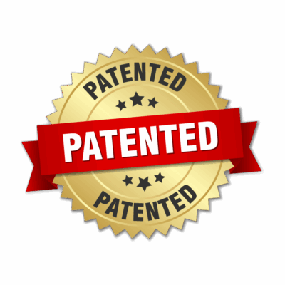 A gold circular badge with the word "PATENTED" in black, featuring a red ribbon across the center also displaying "PATENTED" in bold white letters, and three black stars above and below the ribbon.