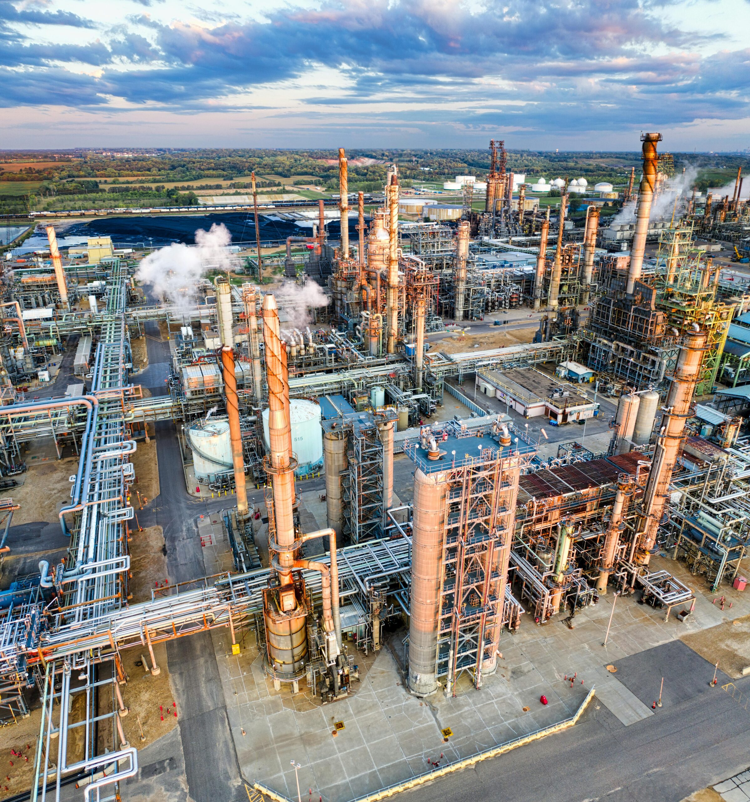 A large industrial oil refinery with tall metal towers, pipes, and tanks, emitting some steam, under a partly cloudy sky with fields in the background.
