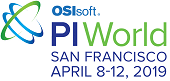 Logo for OSIsoft PI World San Francisco, held April 8-12, 2019. The image includes the OSIsoft logo and event details in blue and green text.