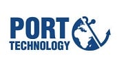 The blue logo shows the words "PORT TECHNOLOGY" next to an anchor design that includes a stylized map of Africa and Europe within its circular head.
