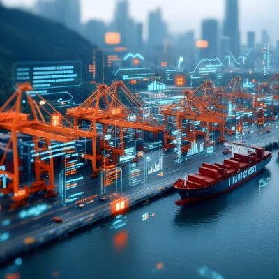 A busy port with large red cranes unloading cargo ships, overlaid with digital graphics and data visualizations, symbolizing smart technology and data-driven logistics in a modern urban shipping environment.