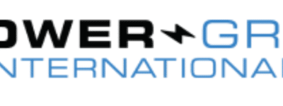 Logo for Power Grid International. The words “POWER GRID” are in bold uppercase letters, with "POWER" in black and "GRID" in blue, separated by a right-facing arrow; “INTERNATIONAL” appears below in blue.