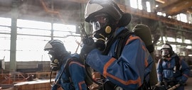 Two workers in protective suits and gas masks walk inside an industrial facility with sunlight streaming through large windows. One worker holds a walkie-talkie.