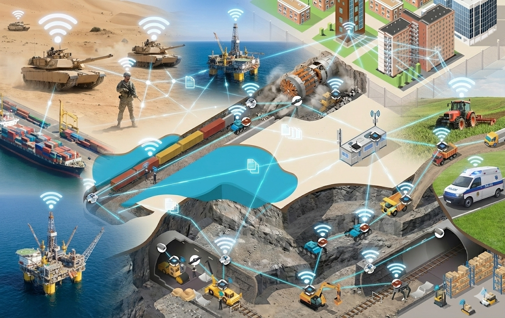 An illustrated collage shows various industries—military, shipping, rail, construction, mining, agriculture, oil rigs, emergency services, and urban buildings—connected by wireless communication networks and signal icons.