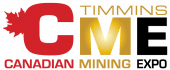 Logo for the Canadian Mining Expo in Timmins, featuring a large red "C" with a maple leaf, and the words "Canadian Mining Expo" in red, gold, and black text.