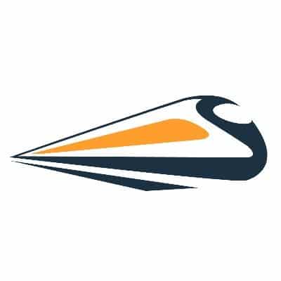 Stylized logo of a high-speed train in profile, with sleek lines in dark blue and orange, suggesting motion and speed, on a white background.