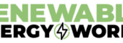 The image shows the logo for "Renewable Energy World" with "RENEWABLE" in large green letters and "ENERGY WORLD" below in black; a green and black power symbol replaces the "O" in "WORLD.