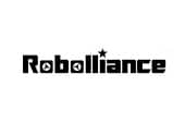 The image shows the word "Robolliance" in a bold, black, futuristic font. The second letter "o" contains a play button symbol, and there is a star over the letter "i." The background is white.