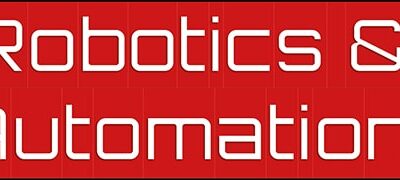 A rectangular logo with the words “Robotics & Automation” in large white text on a red background. The word “NEWS” is written vertically in white on a black background to the right.