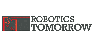 The image shows the logo for "Robotics Tomorrow" with "RT" in stylized red letters inside a dark rectangle, followed by "ROBOTICS TOMORROW" in bold, dark gray text on a white background.