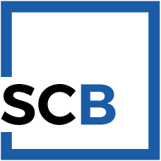 A blue square outline with the bottom-left corner missing, containing the bold black letters "SC" and a bold blue letter "B" inside the outline. The background is white.