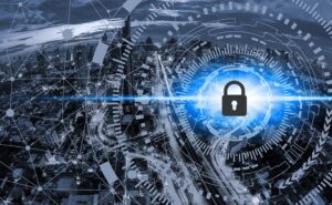 A digital lock icon is overlaid on a cityscape at night, surrounded by abstract technology and network graphics, symbolizing cybersecurity and data protection in an urban environment.