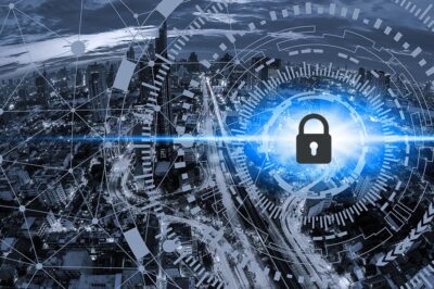 A digital lock icon is overlaid on a cityscape at night, surrounded by abstract technology and network graphics, symbolizing cybersecurity and data protection in an urban environment.