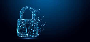 Digital illustration of a blue padlock composed of glowing dots and lines on a dark background, symbolizing cybersecurity and data protection.