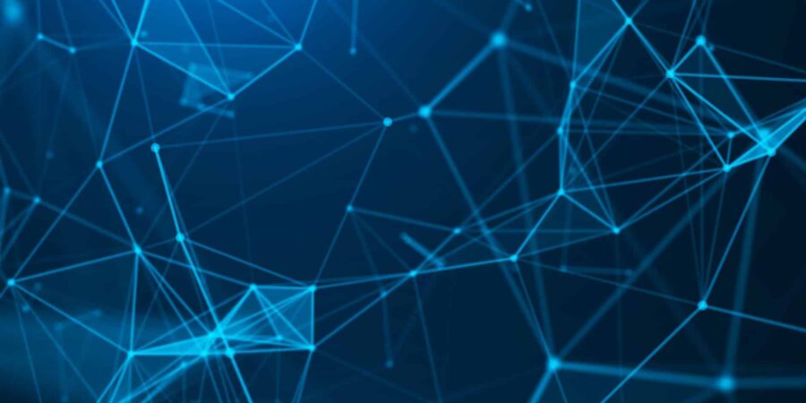A digital abstract background featuring interconnected glowing blue lines and dots forming a geometric network pattern on a dark blue backdrop, representing technology or data connections.