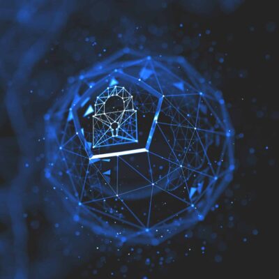 A glowing blue padlock symbol made of interconnected lines and dots appears in the center of a dark background, representing cybersecurity and digital data protection.