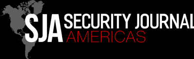 Logo for Security Journal Americas with the acronym "SJA" in large white letters, a gray map of the Americas in the background, and "SECURITY JOURNAL AMERICAS" in white and red text on a black background.