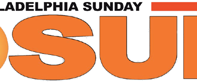 Logo for "The Philadelphia Sunday SUN" with "SUN" in large orange letters, the "O" depicted as a yellow sun, and “The Philadelphia Sunday” in smaller black and blue text above.
