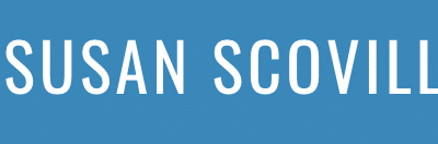White text reading "SUSAN SCOVILL" in all capital letters is centered on a solid blue background.