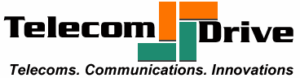 Logo for "Telecom Drive" with bold black text, colorful square blocks in orange and green forming a graphic shape, and the tagline "Telecoms. Communications. Innovations." below in italicized font.