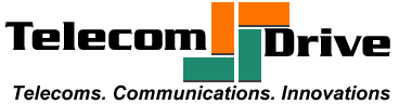 Logo for "Telecom Drive" with bold black text, colorful square blocks in orange and green forming a graphic shape, and the tagline "Telecoms. Communications. Innovations." below in italicized font.