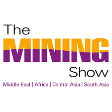Logo for The Mining Show with "MINING" in large purple and yellow letters, and "The" and "Show" in black. Below, regions listed: Middle East, Africa, Central Asia, and South Asia in purple text.