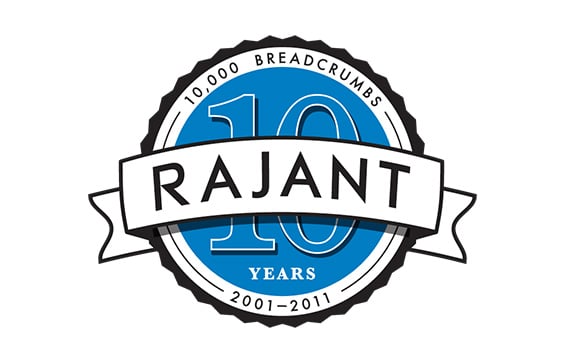 A circular blue and white badge reads "RAJANT 10 Years 2001–2011" with a ribbon banner and "10,000 Breadcrumbs" written around the top edge.