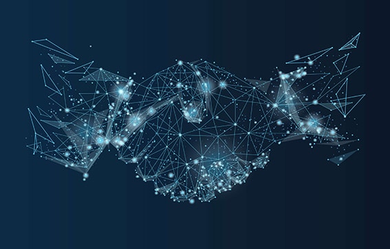 A digital illustration of two hands shaking, formed by interconnected blue lines and glowing dots, symbolizing technology, connection, and collaboration on a dark blue background.