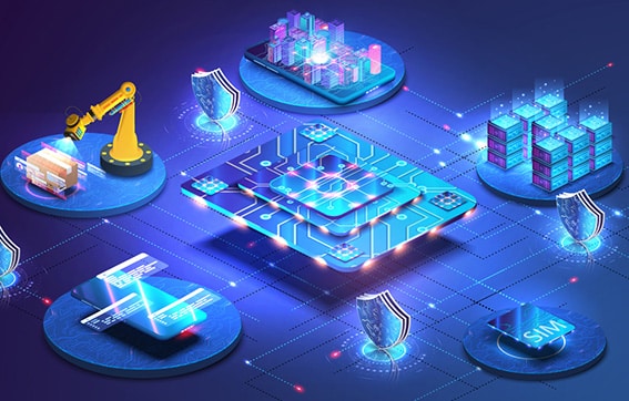 A digital illustration showing a central microchip connected to icons of a robotic arm, shipping box, shield, buildings, servers, SIM card, and mobile device, representing technology and network integration in various industries.