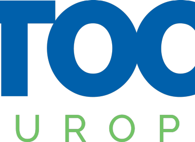 Logo with large blue letters "TOC" above smaller green letters spelling "EUROPE" on a light background.