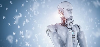A humanoid robot stands thoughtfully with one hand on its chin, surrounded by floating letters on a blue background, suggesting artificial intelligence or machine learning concepts.
