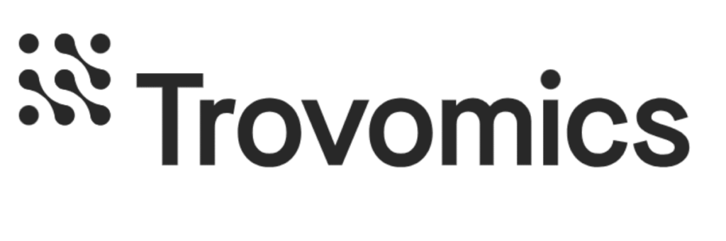 The image shows the word "Trovomics" in bold black letters, with a logo to the left featuring five dots connected by curved lines, resembling a stylized network or molecular structure.