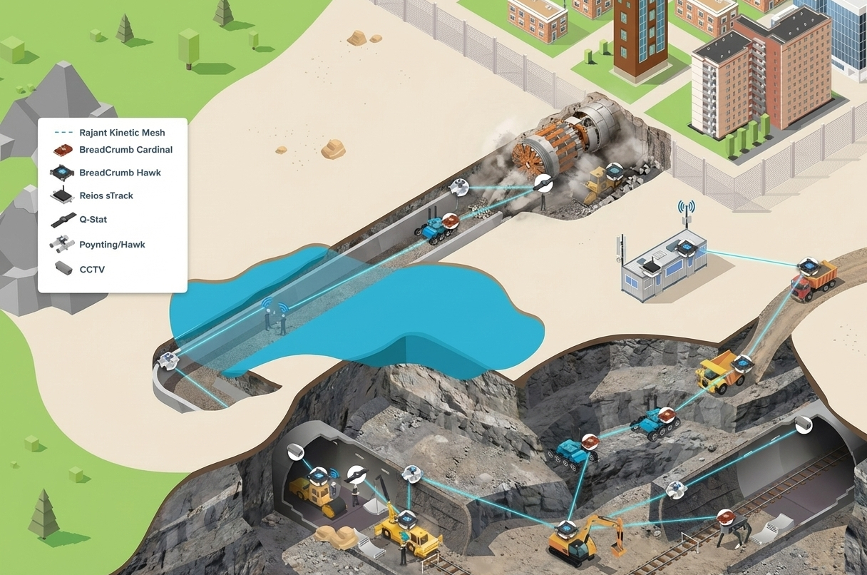 An illustrated diagram shows a construction tunnel project, with various equipment and vehicles above and below ground, connected by wireless communication nodes marked on a network map.