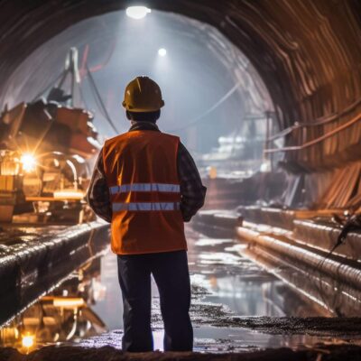 A construction worker in an orange vest and hard hat stands inside a dimly lit tunnel under construction, with machinery and lights illuminating the background and wet surfaces on the ground.