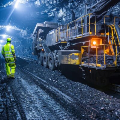 A worker in high-visibility gear walks through an illuminated underground mine tunnel beside large mining machinery, surrounded by rough, dark rock walls.