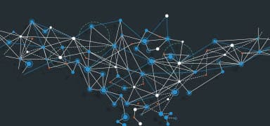 Abstract illustration of a network, featuring interconnected blue and white dots linked by various lines and dashed paths on a dark background, representing data, technology, or digital connections.