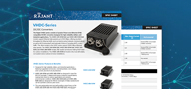 A product spec sheet for Rajant VHDC-Series DC/DC Converters, featuring product images, specifications, and descriptions against a blue background with network-like patterns.