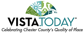 Logo for VISTA.Today featuring a semicircle with icons of a sun, gears, beaker, barn, and field above the text "VISTA.Today" and the tagline "Celebrating Chester County's Quality of Place.