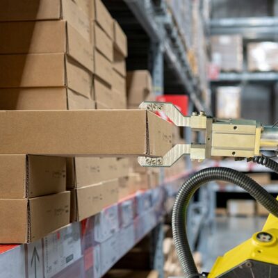 A robotic arm retrieves a cardboard box from a shelf in a warehouse stocked with rows of similar boxes.