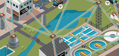 Illustration of a smart city water treatment system with buildings, pipes, treatment tanks, and digital network nodes connected by colorful lines, symbolizing data and connectivity.