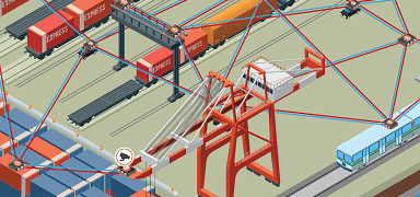 An illustration of a shipping port with red cranes, shipping containers, a train, and network lines connecting various elements, representing logistics and transportation.