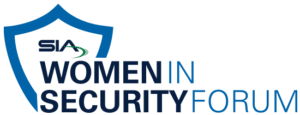 Logo for the SIA Women in Security Forum, featuring a blue shield outline with "SIA" inside and the text "Women in Security Forum" to the right in blue and black letters.