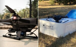 Split image: On the left, a close-up of a black drone on the ground; on the right, a black drone sits atop a white docking box labeled "XCRAFT PANADRONE" in a grassy outdoor setting.