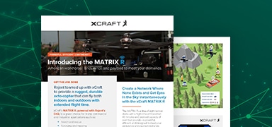 A website page for xCraft features a headline about the MATRIX R drone, with text and an image of a drone above. Another partially visible page on the right shows an illustrated map with icons and graphics.