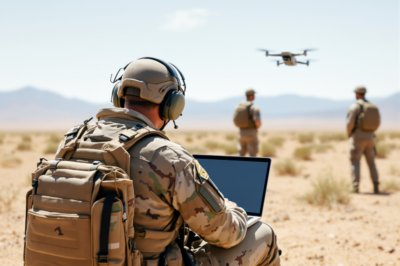 A soldier in camouflage operates a laptop in a desert, monitoring a flying drone. Two other soldiers stand in the distance, with mountains and blue sky in the background.