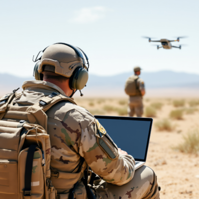 A soldier in camouflage operates a laptop in a desert, monitoring a flying drone. Two other soldiers stand in the distance, with mountains and blue sky in the background.